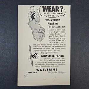 1952 Wolverine‎ Pigskins Gloves Wolverite Pencil Vintage Print Ad Rockford MI